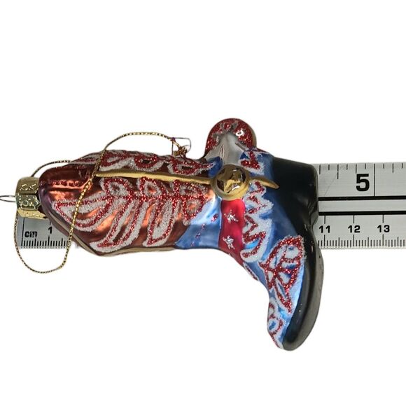 Cowboy Boot Christmas Ornament Blown Glass Brown Blue Red White Western 4x3 - Picture 8 of 8